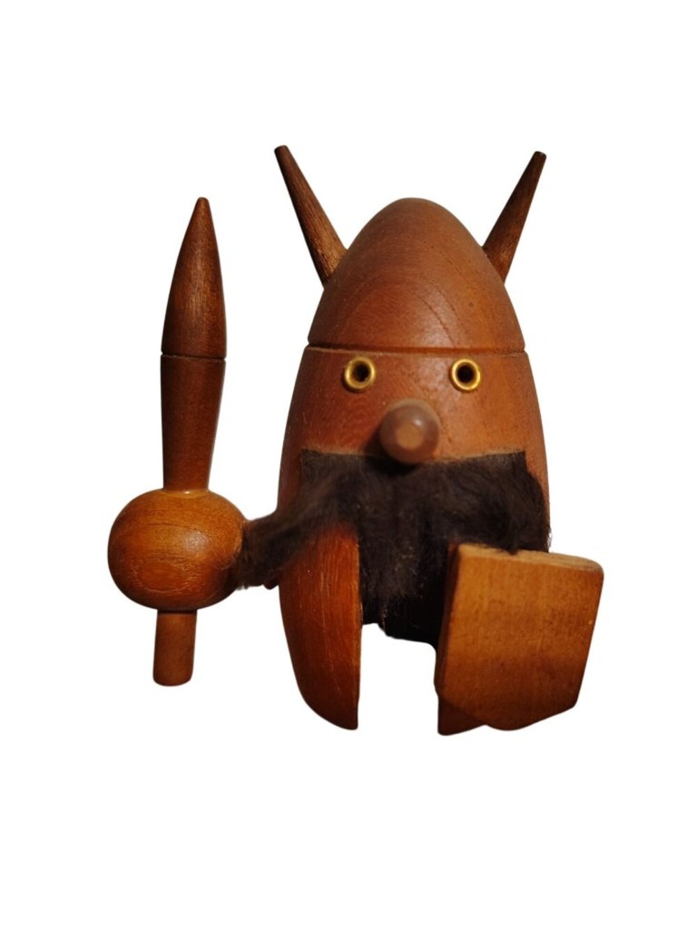 Vintage Wooden Viking Nutcracker, Sword Shield Mustache Beard Kitsch, Japan